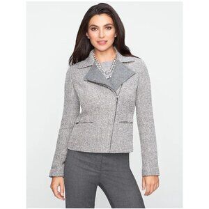 Talbots Cropped Tweed Julienne Metallic Wool Moto Jacket Grey Silver size 8